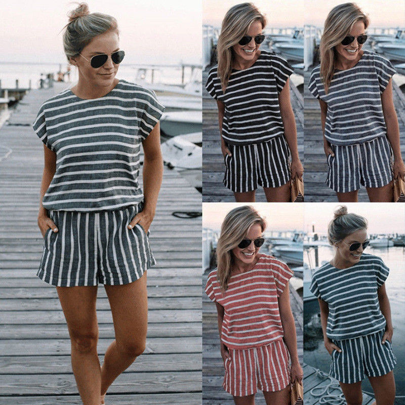 New Women's Summer Striped Short Sleeved Jumpsuit Suit