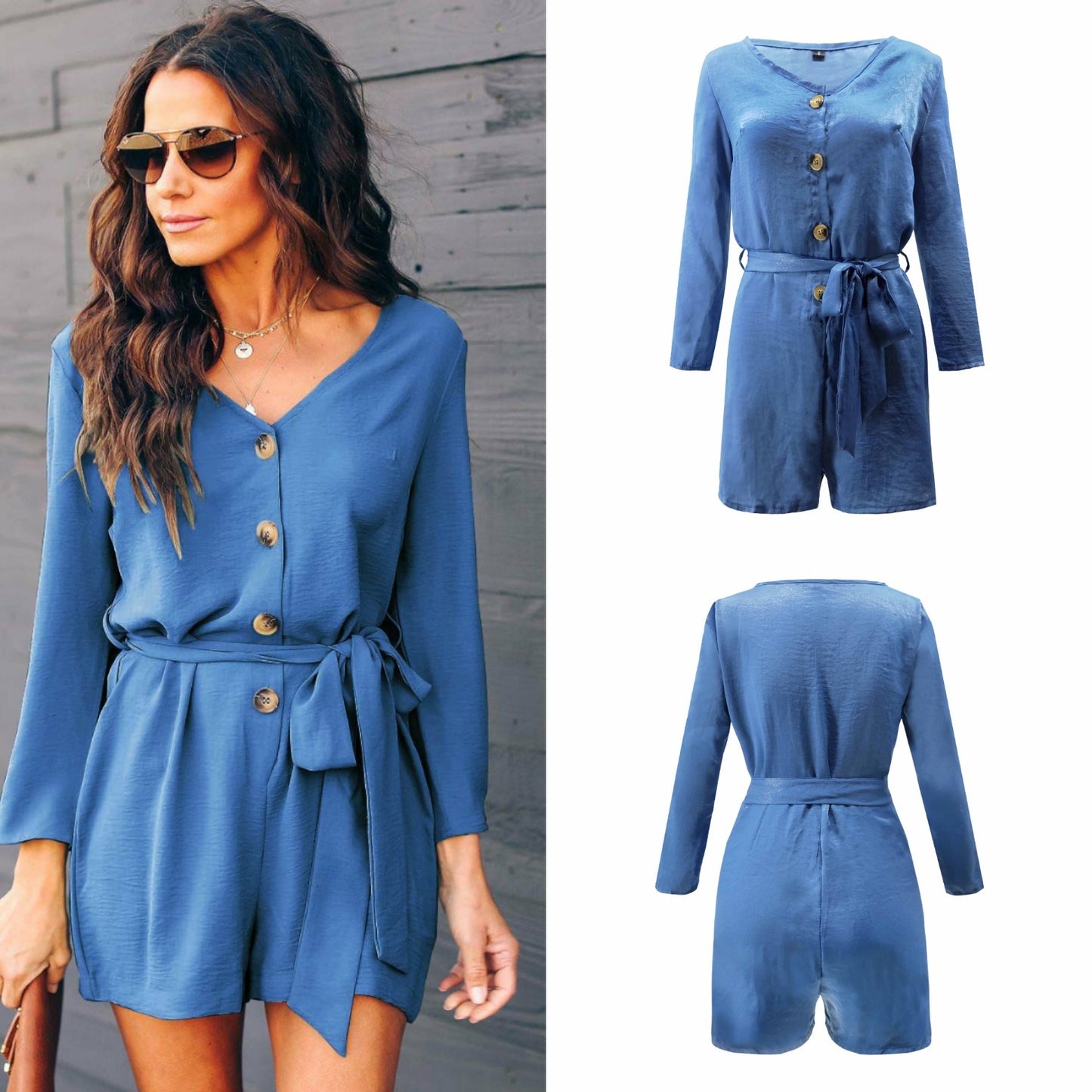 Summer New Women's Long-sleeved V-neck Casual Jumpsuit