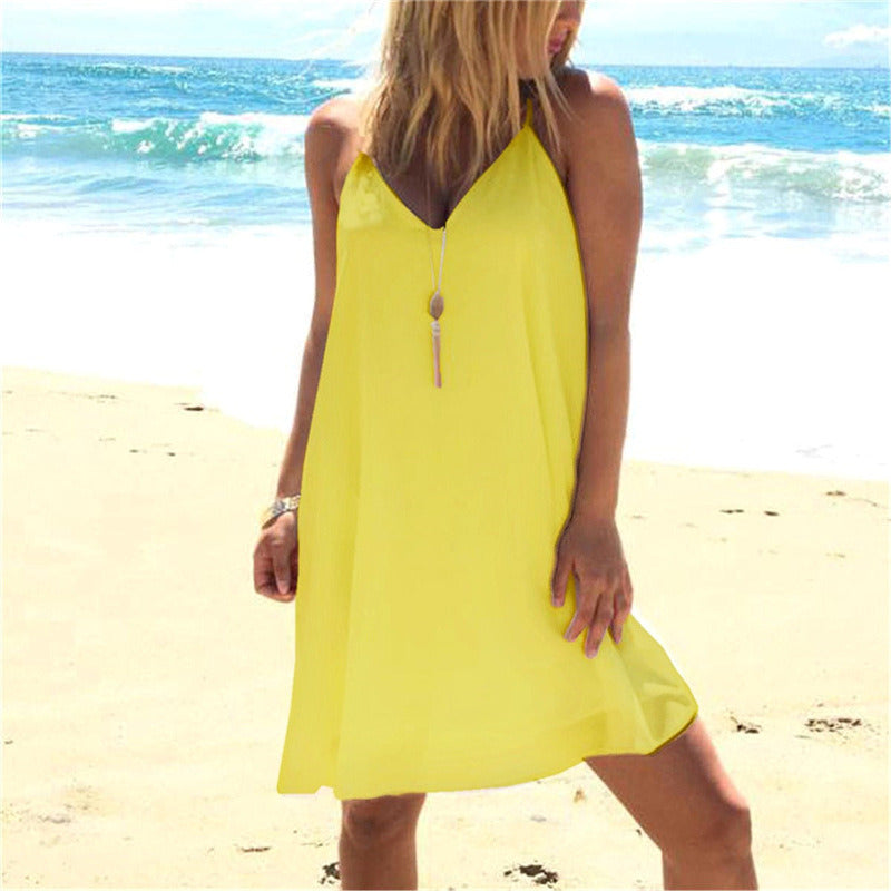 Summer Hot Sale Solid Color Sling Big Swing Women's Dress