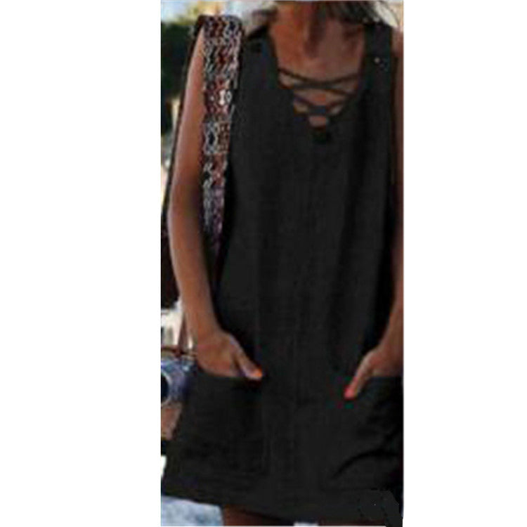 Women's fashion new V-neck adjustable patch pocket strap dress