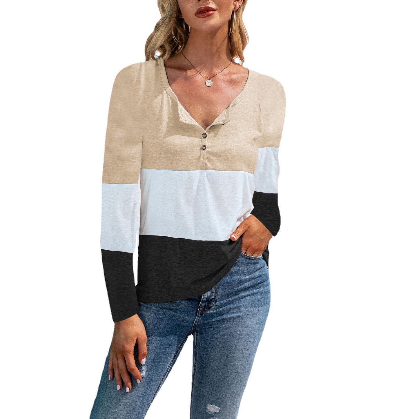 Autumn and winter new style women's hot sale V-neck long-sleeved slim stitching button T-shirt top