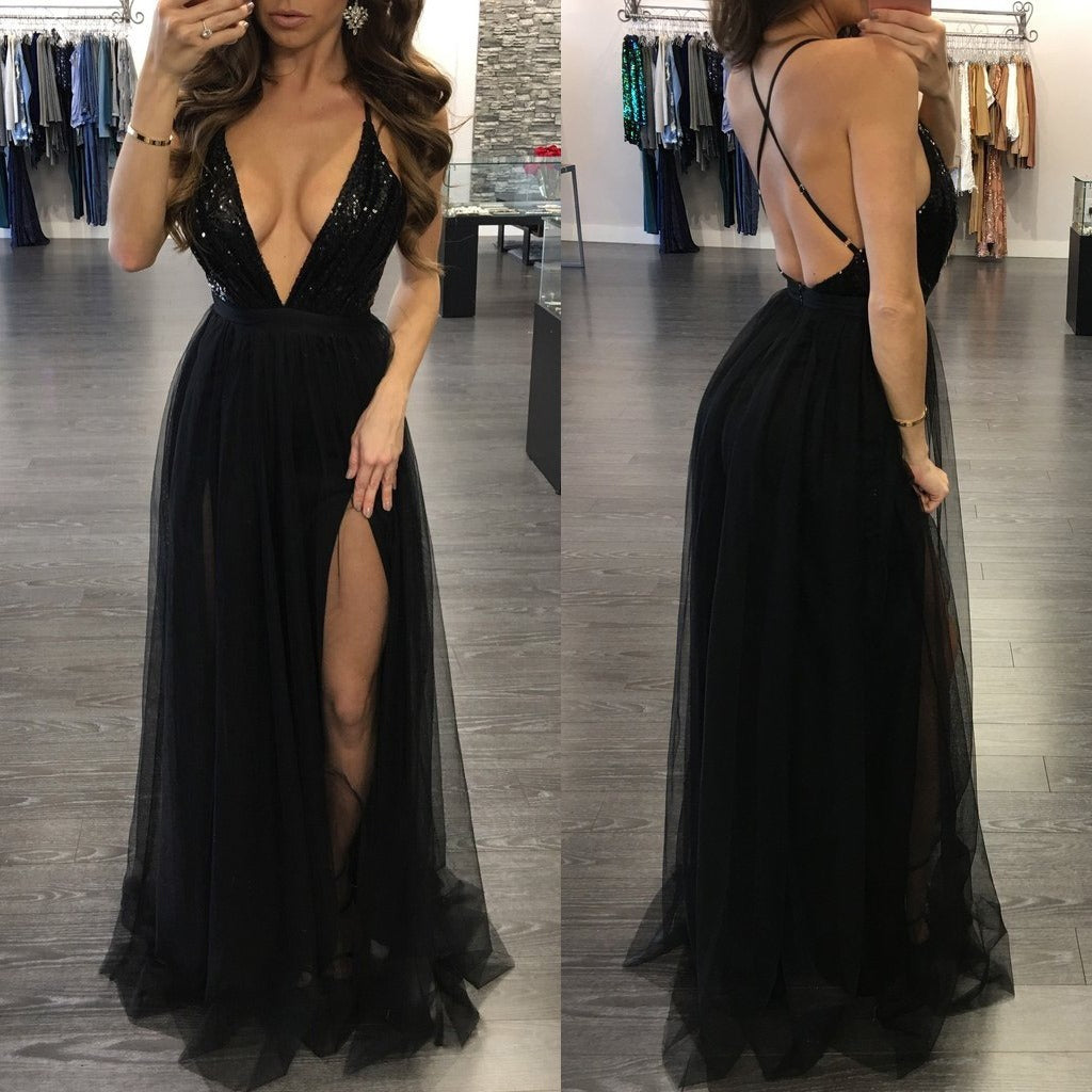 Spring and Summer Sexy V-neck Halter Strap Mesh Stitching Sequins Chiffon Dress Long Skirt Evening Dress