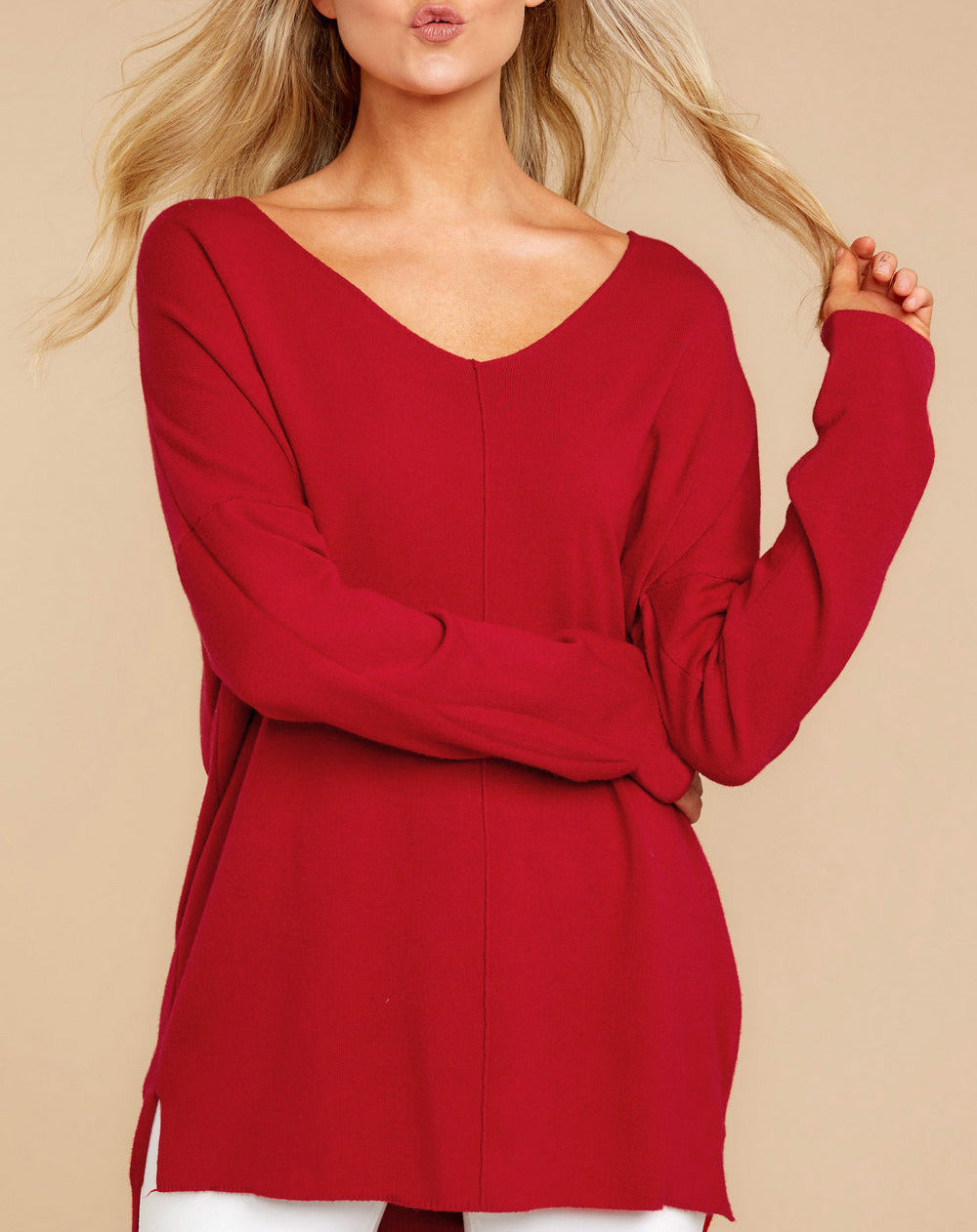 Autumn and Winter Hot Tops Sexy V-neck Loose Open Hem Long Sleeved Tops