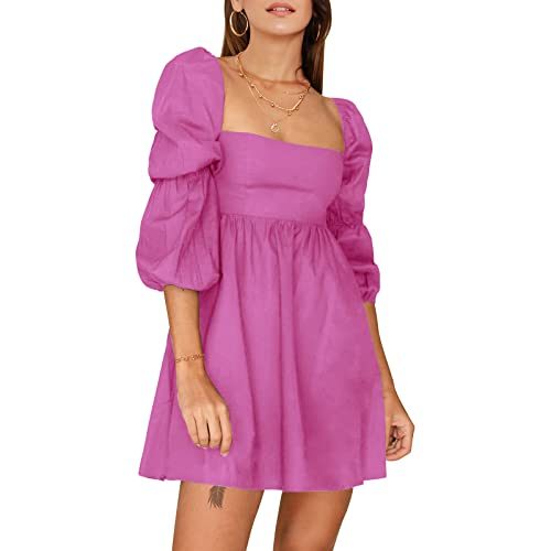 Womens Square Neck Dress Long Puff Sleeve A-Line Casual Short Mini Dress