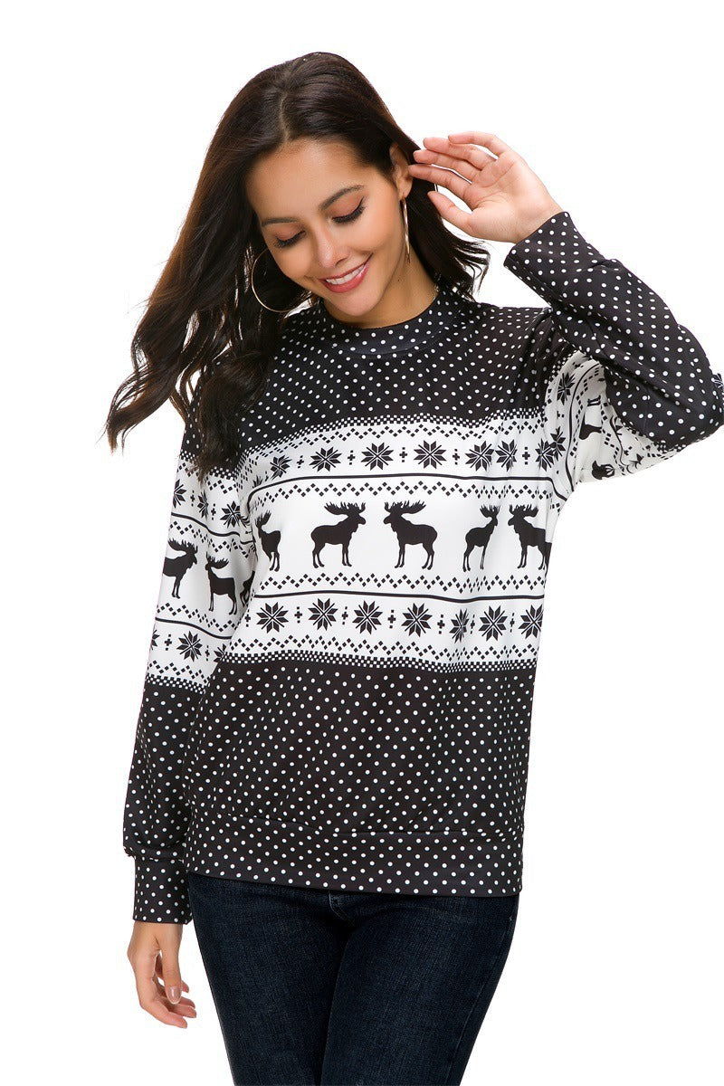 Christmas round neck polka dot Christmas deer print long-sleeved T-shirt sweater