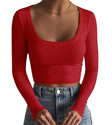 Women's Square Neck Long Sleeve Ribbed Slim Fitted Casual Basic Crop Top