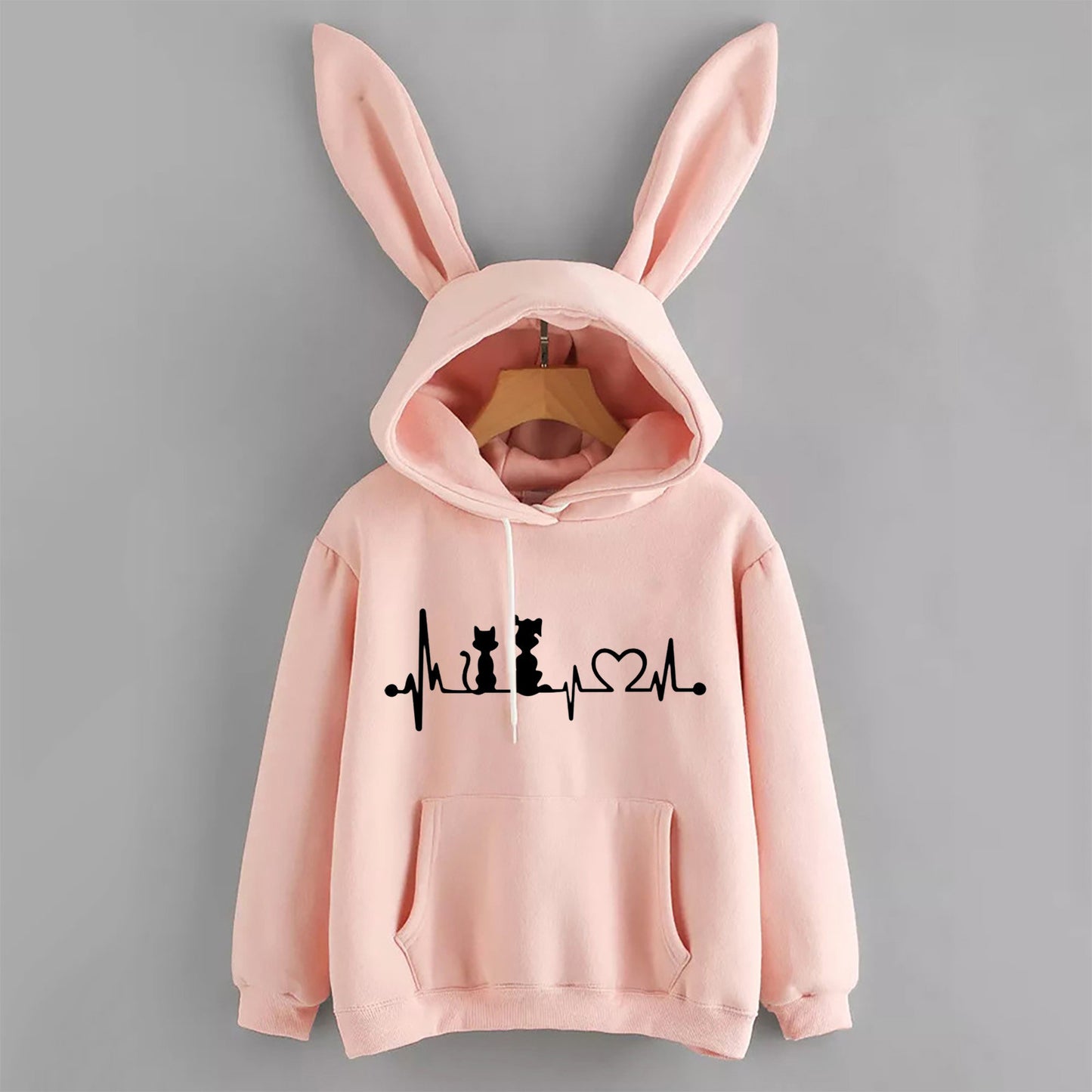 Women's fashion new hoodie rabbit ears cat print long-sleeved hooded sweatshirt