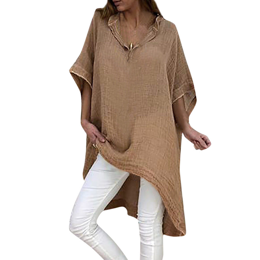 New Ladies Fashion Irregular Cotton and Linen V-neck Sleeve Dress