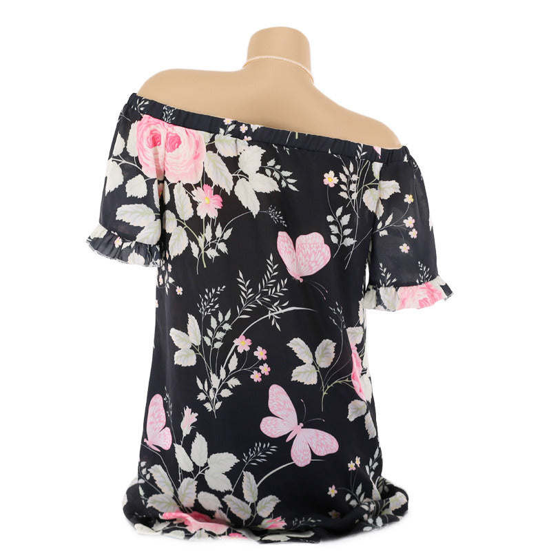 spring and summer new women's one-shoulder printed short-sleeved shirt