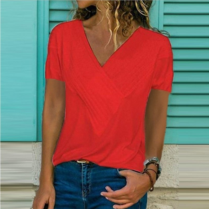 Spring and Summer New Hot Sale Slim Stitching V-neck Short-sleeved Solid Color T-shirt Female