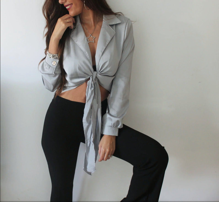 spring and summer new women's sexy umbilical lapel long-sleeved cardigan hem with a short top