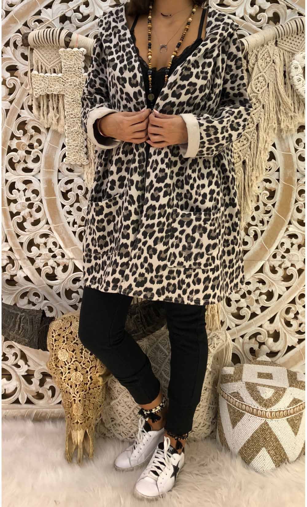 Fashion Autumn and Winter Coats Sexy Leopard Hooded Cardigan Print Jacket