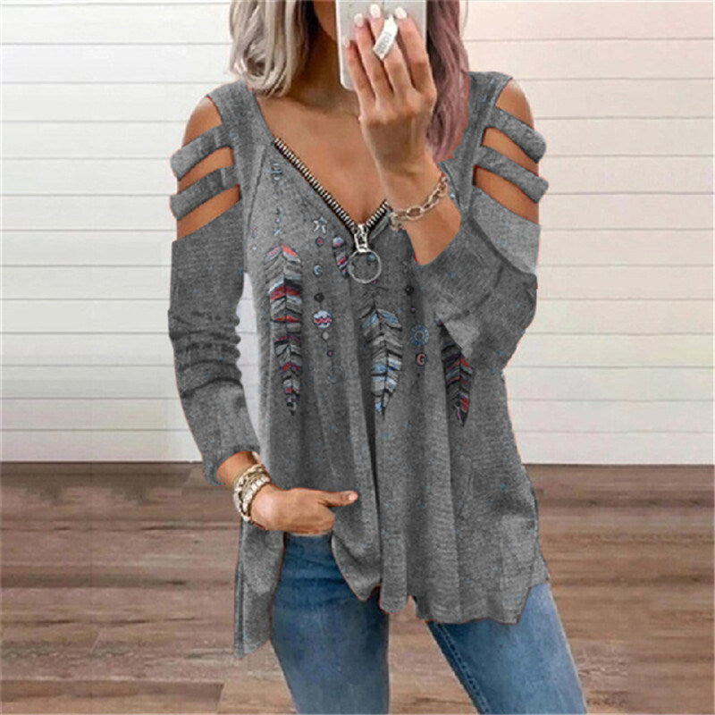 Fall/winter Women's Clothing Zipper Pull Print Long-sleeved Loose T-shirt Women's Top