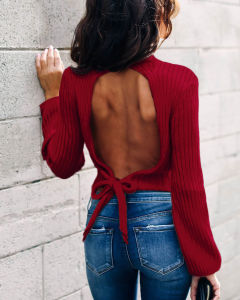 autumn and winter women's sexy backless lace high collar long sleeve short sweater