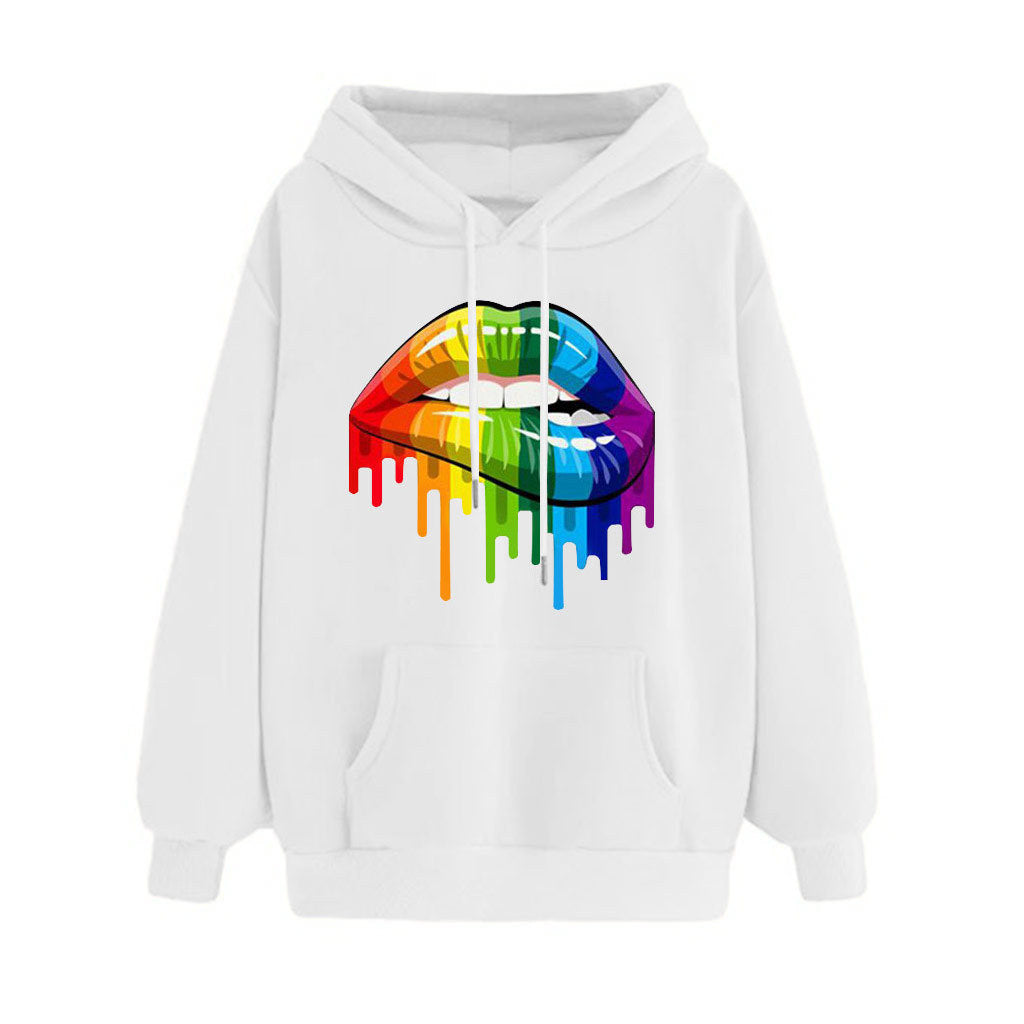 Autumn and winter new women's rainbow candy color plus velvet hoodie long-sleeved lip print loose hooded hoodie