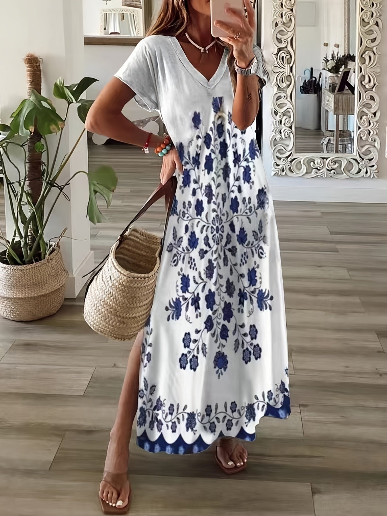 Plus Size Elegant Dress; Women's Plus Floral Print V Neck Short Sleeve Boho Maxi Dress