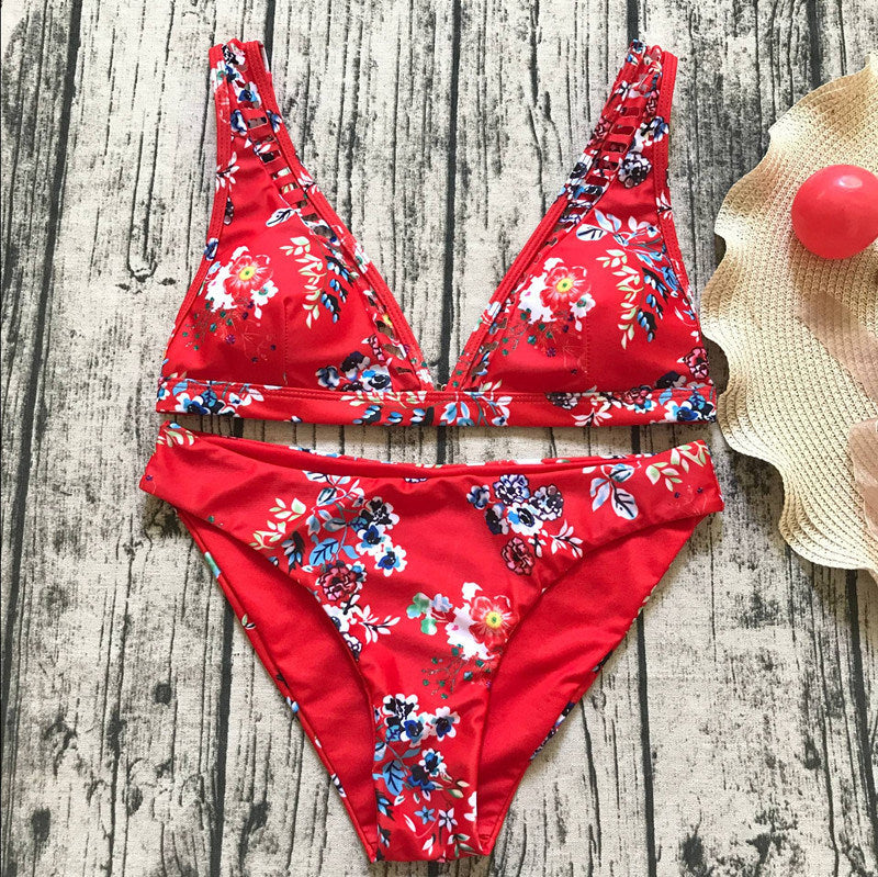 New Bikini Flower Print Swimsuit Ladies Split Swimsuit Beach Bikini