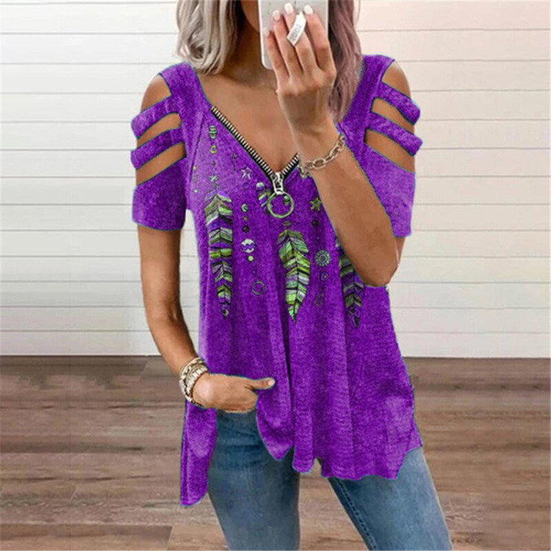 Women's new T-shirt V-neck zipper pullover printed short-sleeved loose T-shirt tops