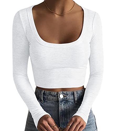 Women's Square Neck Long Sleeve Ribbed Slim Fitted Casual Basic Crop Top