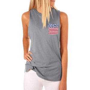 New Women's Round Neck Vest Pocket Star Flag Print Sexy Sleeveless T-shirt