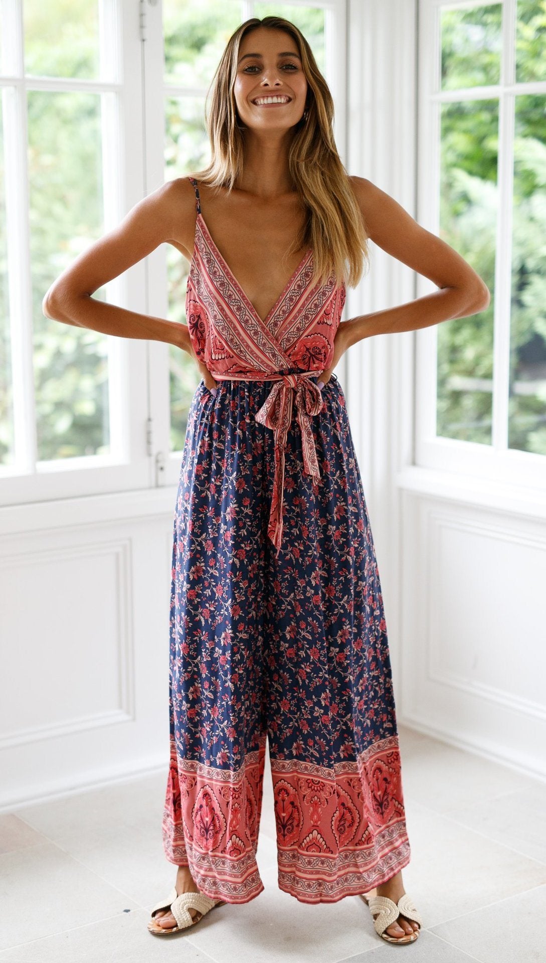 Spring and Summer Hot Jumpsuit Sexy Sling Strap Waist Print Jumpsuit