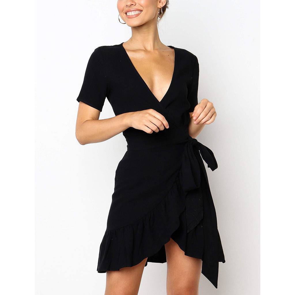 New Women's Short-sleeved Sexy Slim V-neck Pleated Ruffled Irregular Dress