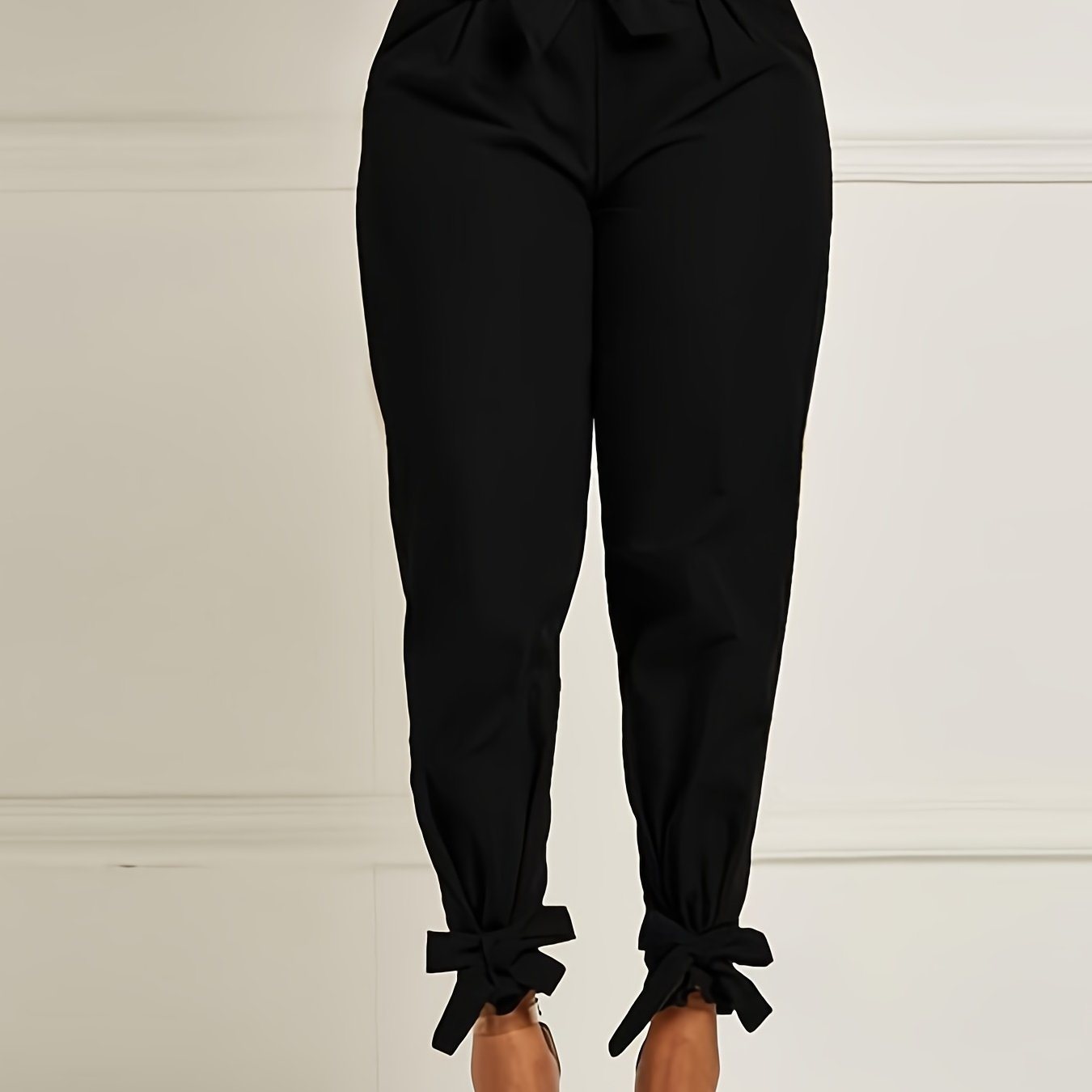 Solid Bowknot Loose Pencil Pants; Mature High Stretch High Waist Pants For Spring & Fall