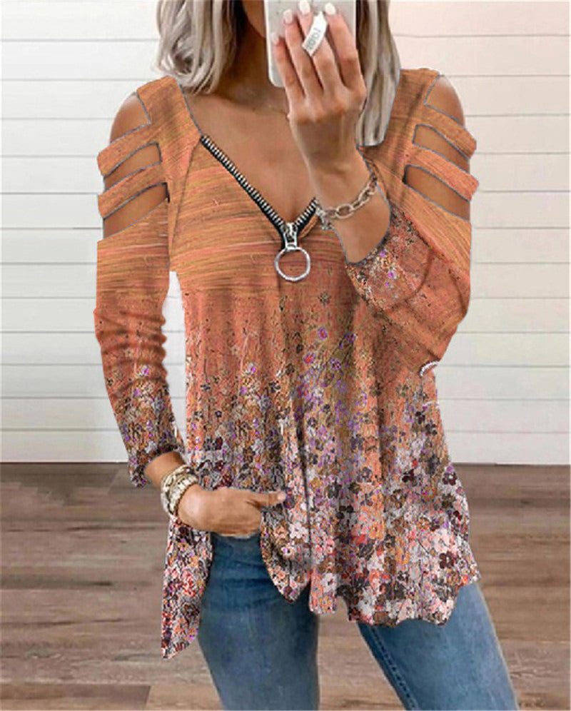 Autumn and Winter Women's Clothing V-neck Small Floral Zipper Long-sleeved Loose T-shirt Top