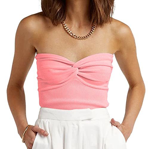 Womens Strapless Crop Top Sexy Sweetheart Neck Ribbed Knit Twisted Knot Front Sleeveless CamisoleTanks Top