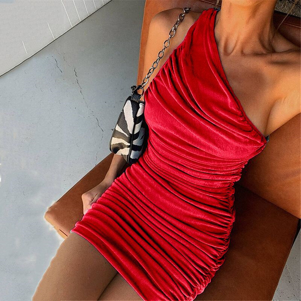 Sexy One Shoulder Mini Dress Summer 2021 Elegant Sleeveless Short Party Dress Women Ruched Bodycon Dress Blue Orange Red