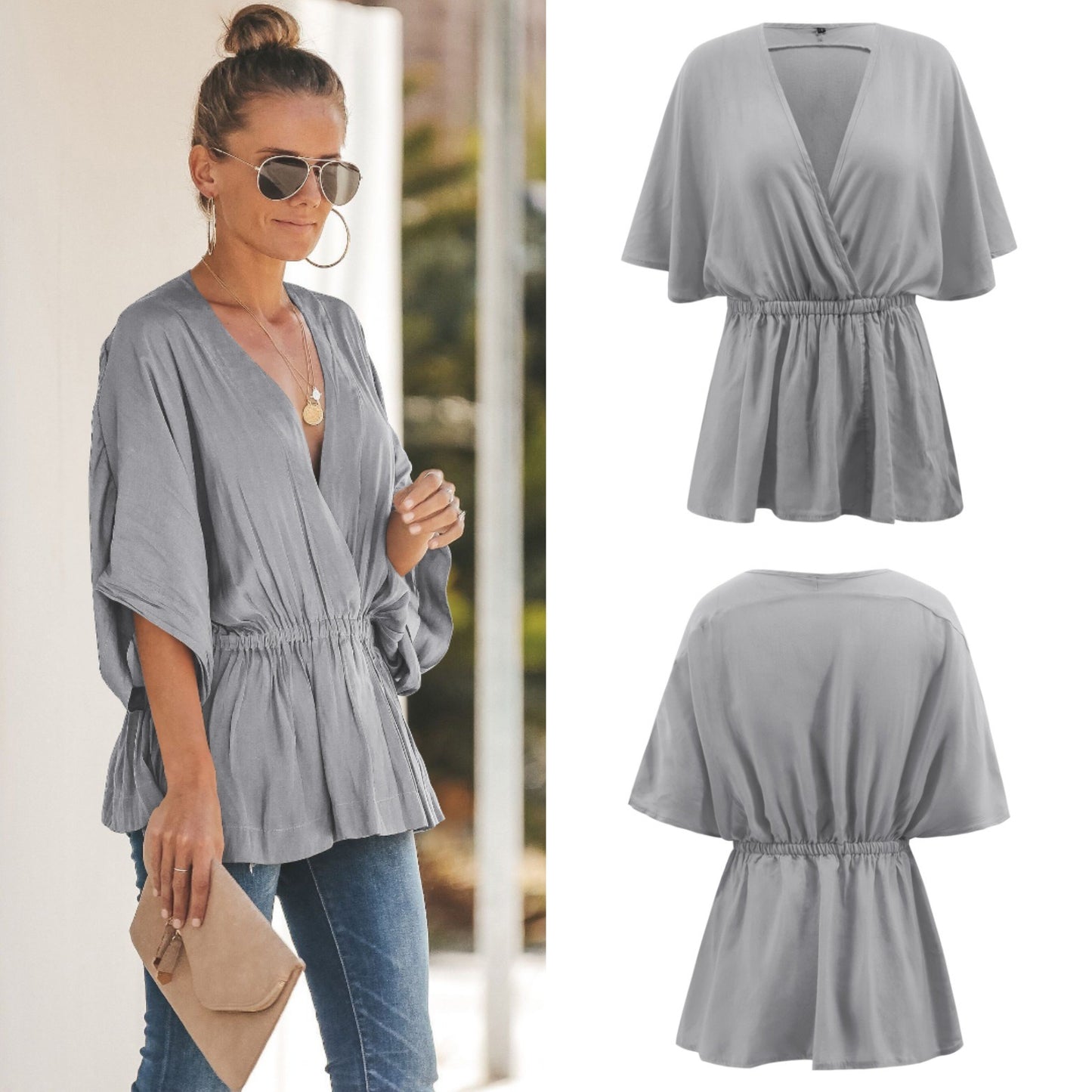 Spring New Loose Bat Sleeve V-neck Shirt Top