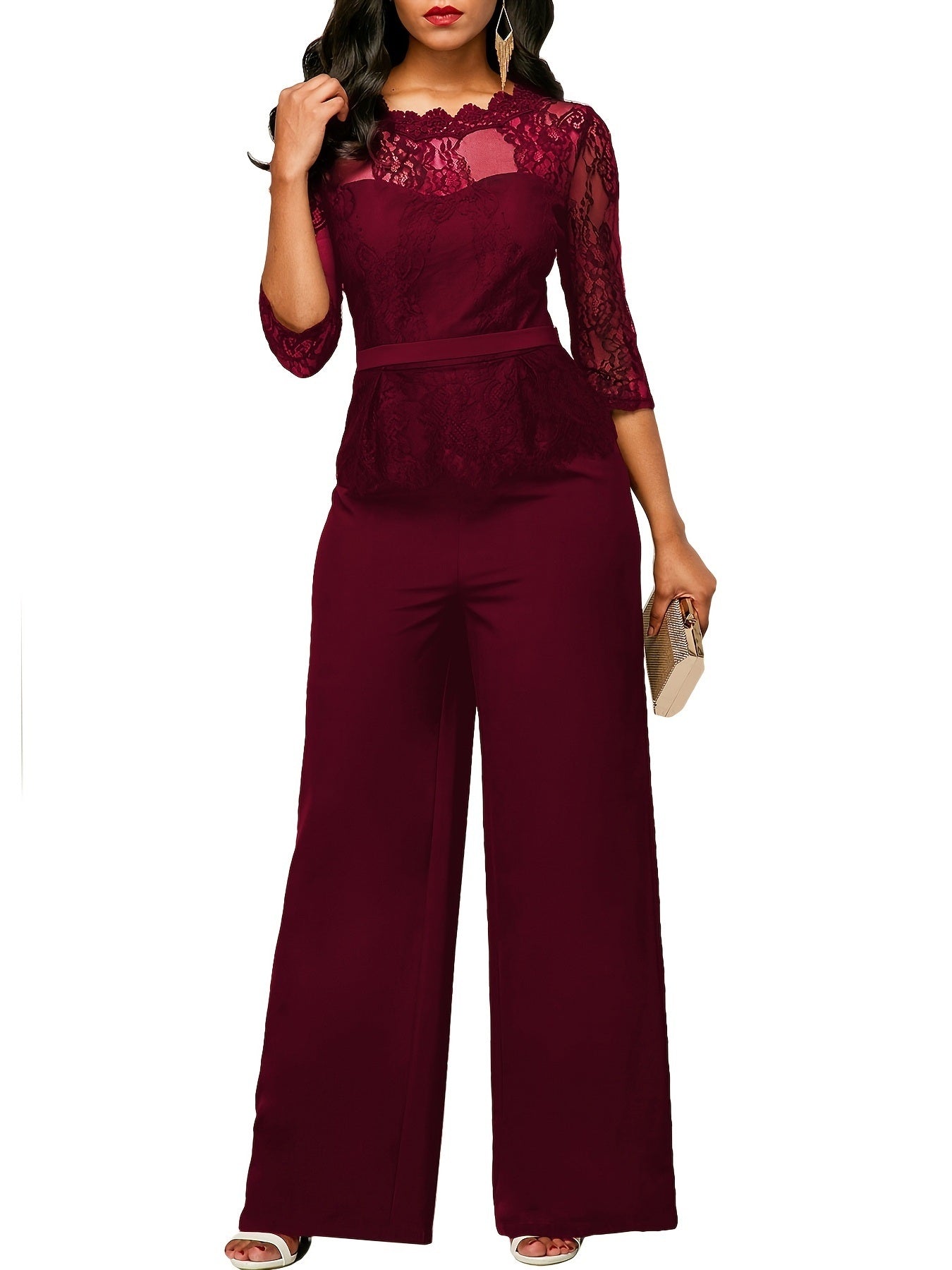 Lace Stitching Jumpsuit; Elegant Half Sleeve Wide Leg Jumpsuit