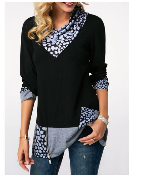 Women's Fashion Large Size Long Sleeve Printed Collar Zipper Casual Top T-Shirt S-5XL