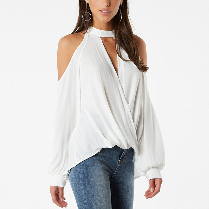 Women Fashion Loose Causal Long Sleeve Pure Color Off Shoulder Summer Shirts