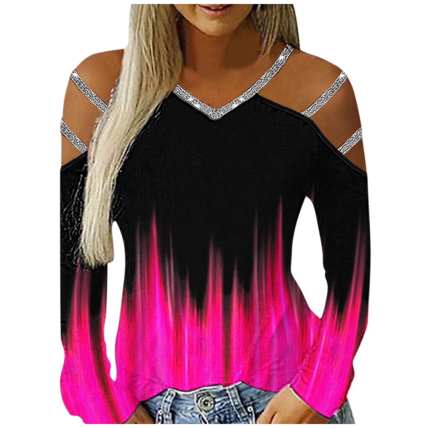 Gradient Printed Women's Shirt Casual Loose Blouses Women Hollow Out Long Sleeves V Neck Off Shoulder Blousess Tops Women