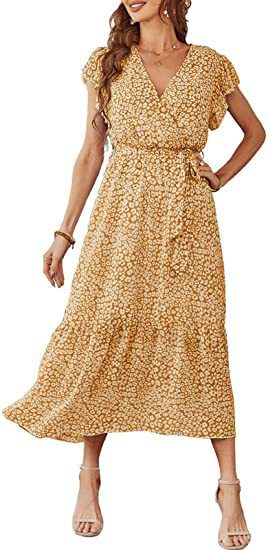 Women's 2023 Floral Summer Dress Wrap V Neck Short Sleeve Belted Ruffle Hem A-Line Bohemian Maxi Dresses