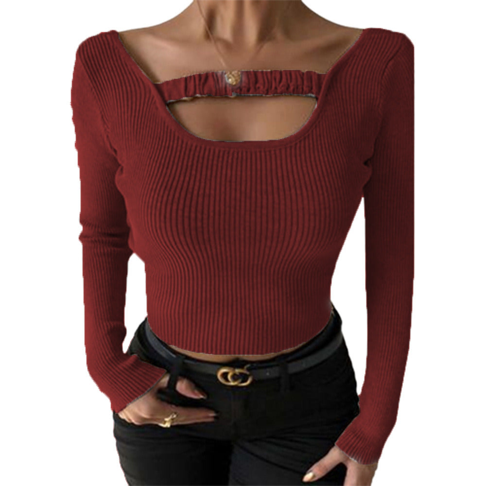 new autumn and winter women's tops solid color sexy round neck slim long-sleeved t-shirt tops