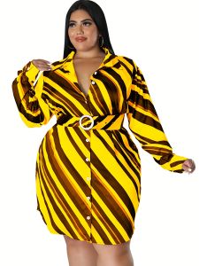 Plus Size Strip Print Lapel Collar Belted Mini Dress; Women's Plus Elegant Shirt Dress