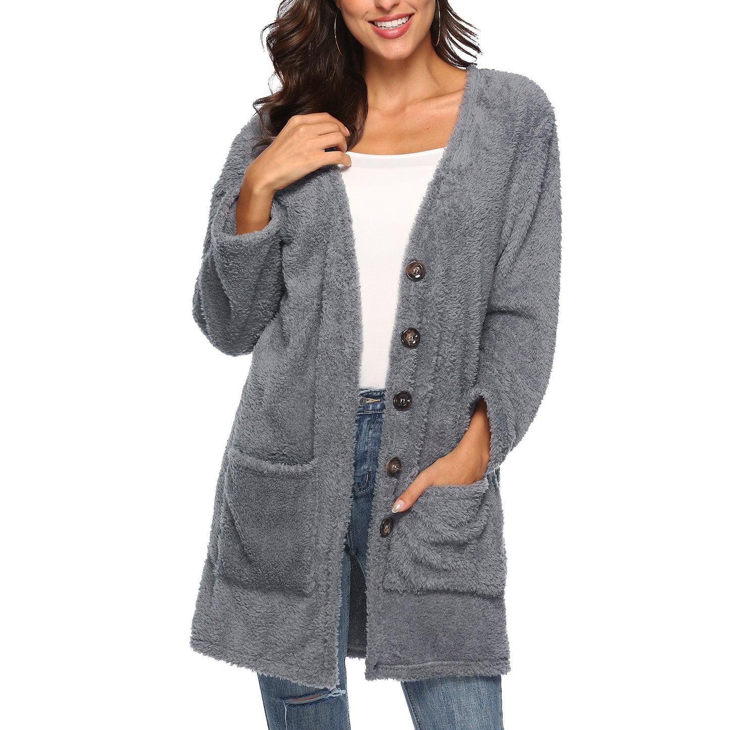 Autumn and winter new thick coat large pockets long plush cardigan