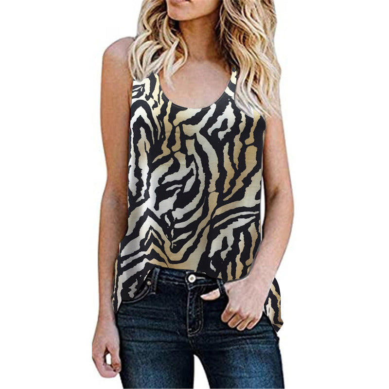 Summer Women's Casual Sleeveless Vest Round Neck Leopard Print Floral Burnout T-Shirt Women's Top