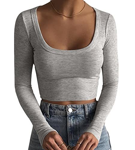 Women's Square Neck Long Sleeve Ribbed Slim Fitted Casual Basic Crop Top