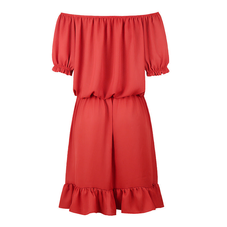 European and American Women's New Word Shoulder Waist Ruffle Dress