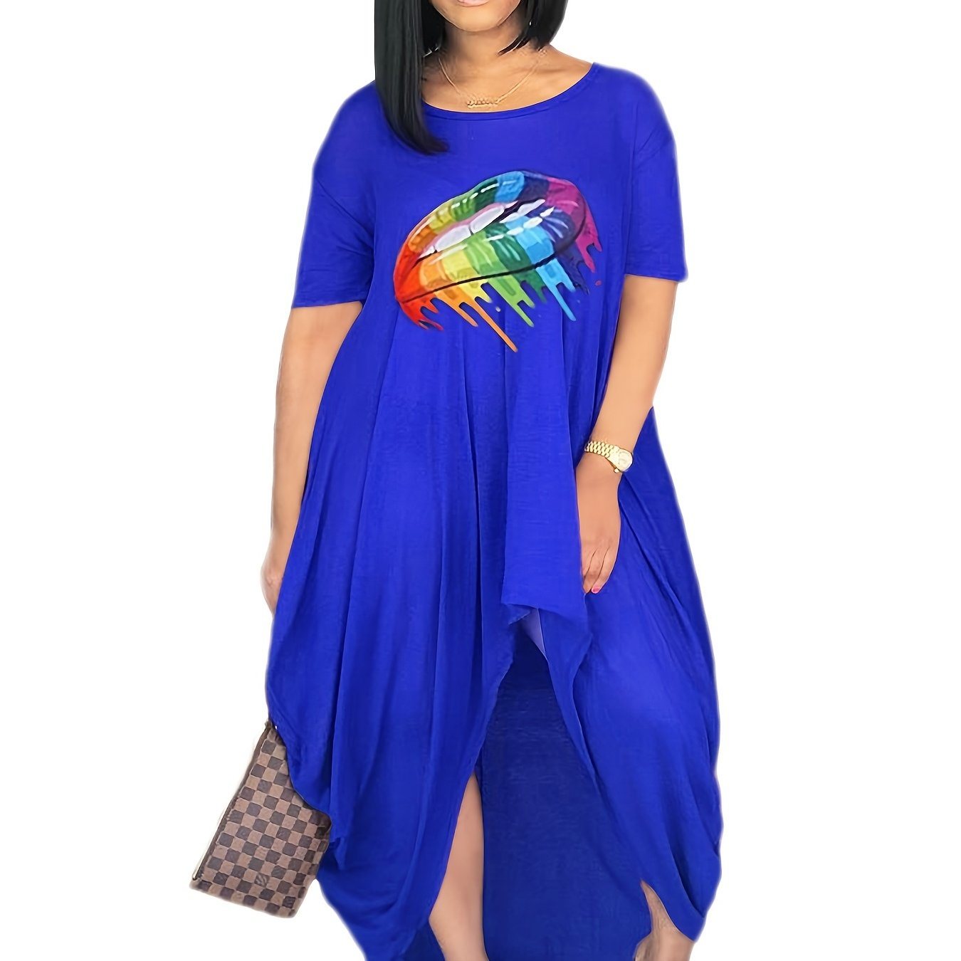 Plus Size Rainbow Color Lip Print Irregular Hem Dress; Women's Plus Casual Short Sleeve Dress