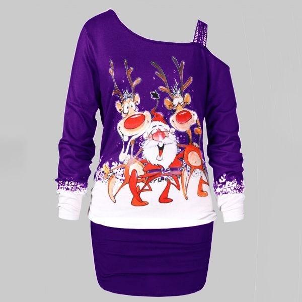 Women's Fashion Plus Size Lace Off Shoulder Christmas Santa Claus Elk Print Casual Tunic Long Tops Christmas Sweatshirts