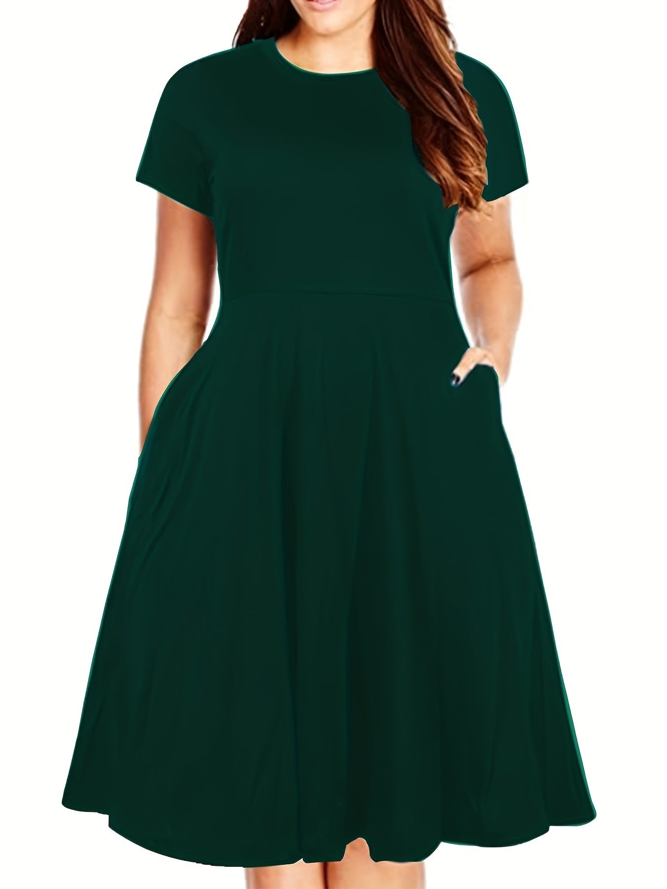 Plus Size Solid Short Sleeve Midi Dress With Pocket; Women's Plus Medium Stretch Fashion Midi Dress