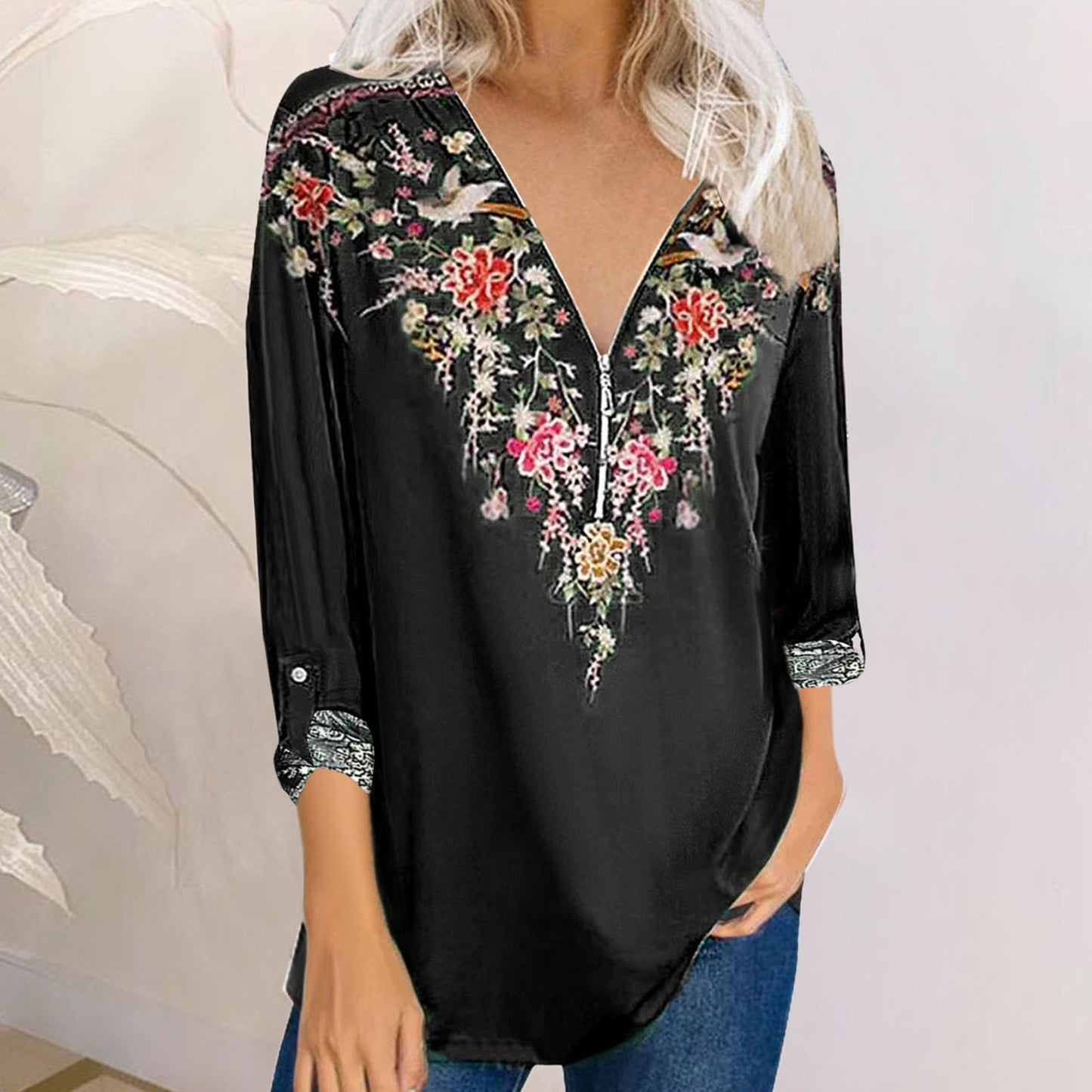 Autumn New Women's Printed Temperament Ethnic Style Long-sleeved V-neck Blouse