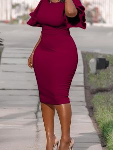 Plus Size Ruffle Trim Solid Round Neck Bodycon Dress; Women's Plus Elegant Medium Stretch Bodycon Dress