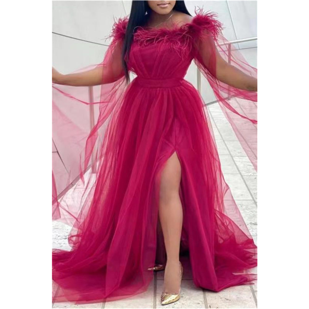 Spring Summer Plus Size Slit Evening Dress Women Loose Unique Feather Collar Tulle Sleeves Trailing Skirt Wedding Bridesmaid Red