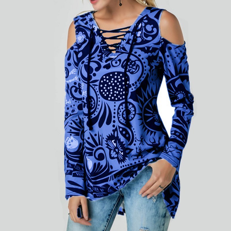 Women Fashion Floral Print Slim Shirts V Neck Lace Up Long Sleeve Off Shoulder Bandage Tops Blouses