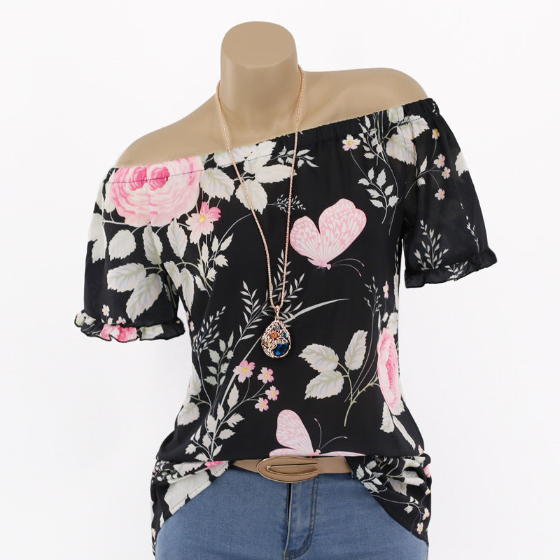 spring and summer new women's one-shoulder printed short-sleeved shirt